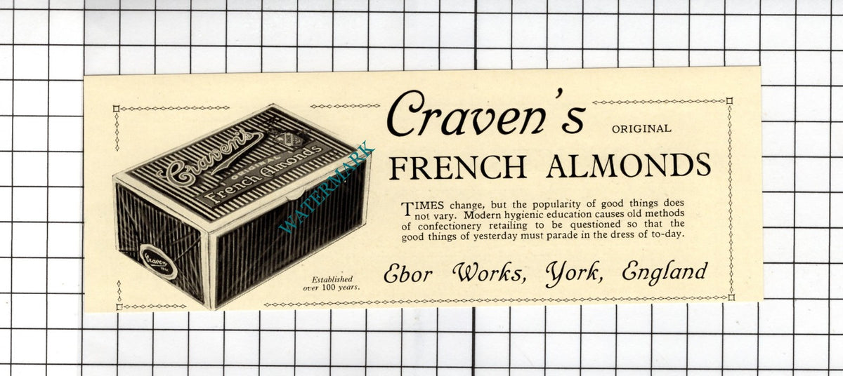 Craven's French Almonds Ebor Works York England -  1928 Small Advert