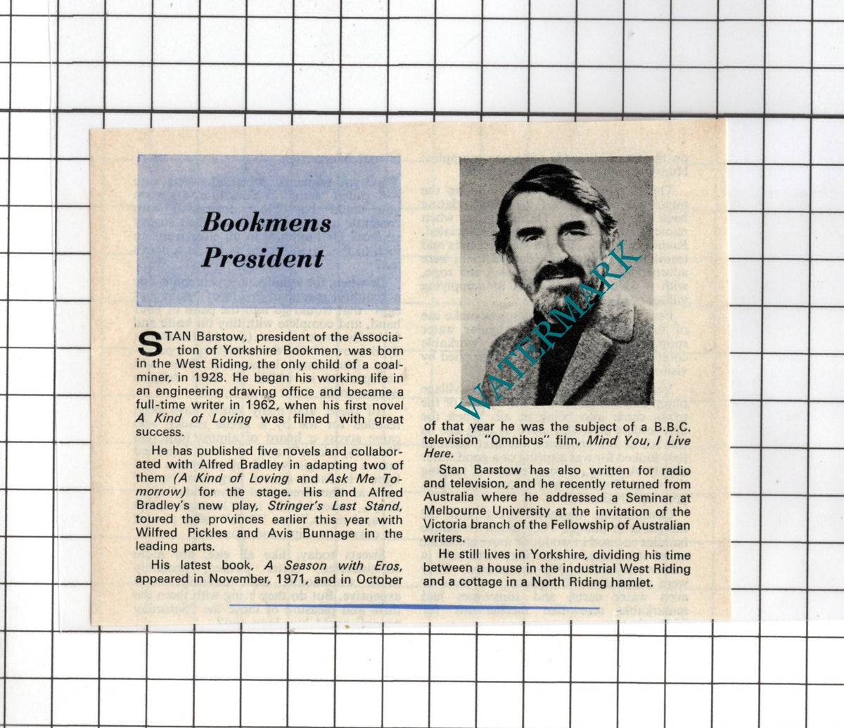 Stan Barstow Association Of Yorkshire Bookmen - 1973 Small Clipping