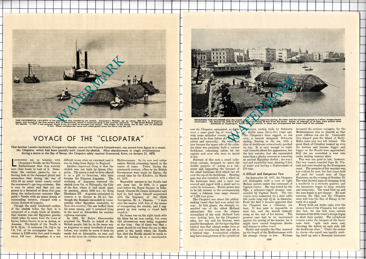 Cleopatra's Needle Voyage - c.1940's Article