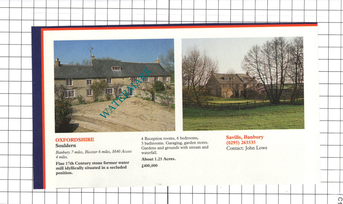 Souldern Oxfordshire Water Mill House Sale Advert - 1991 Clipping / Print