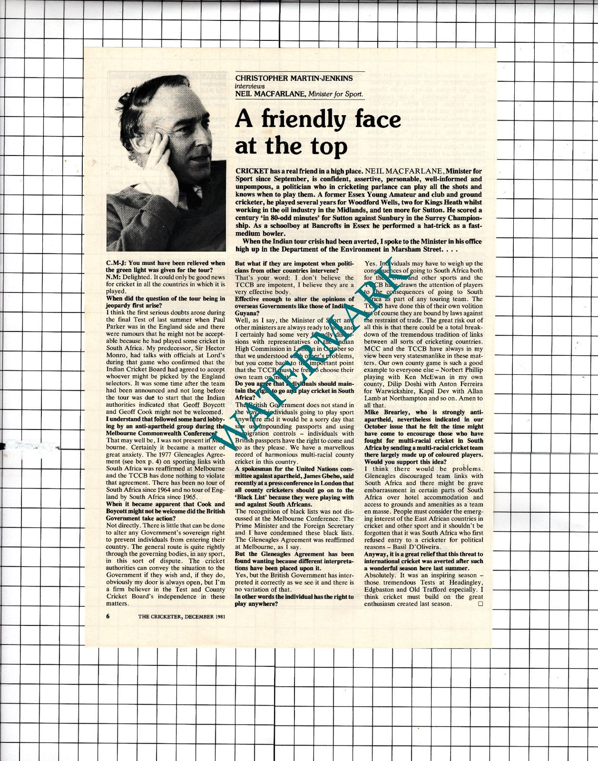 Neil Macfarlane Minister For Sport - 1981 Article