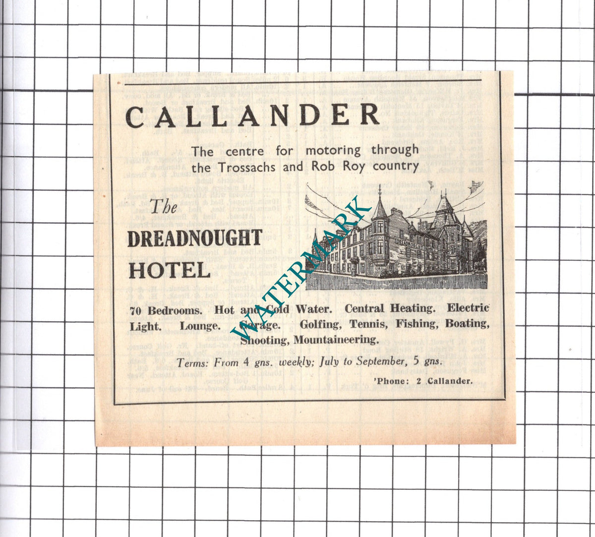 The Dreadnought Hotel Callander Scotland Small Advert - 1939 Clipping / Print