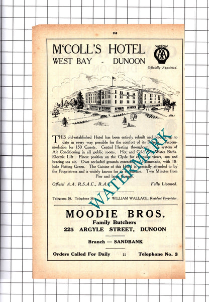 Cowal Hotel Dunoon Brown /M'Colls Hotel William Wallace Advert - 1939 Cutting