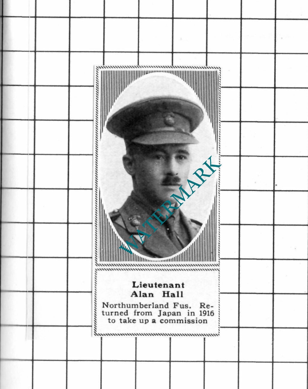 Lt Alan Hall Northumberland Fusiliers WW1  - c.1918 SMALL Clipping / Print