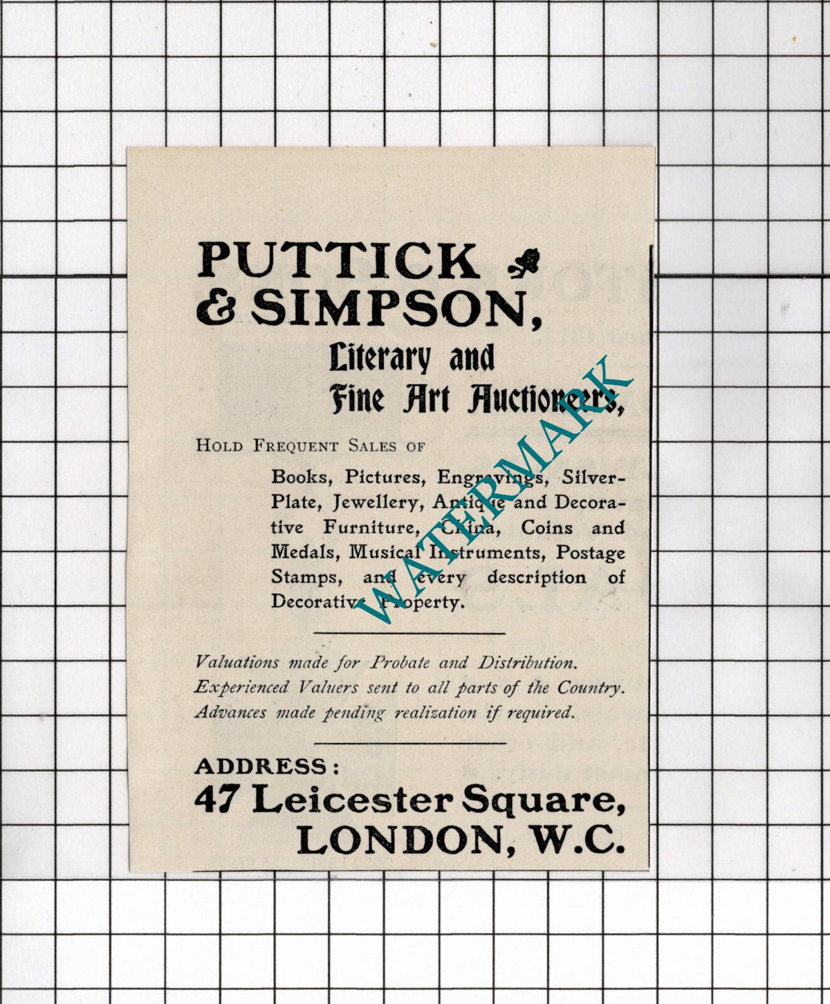 Puttick & Simpson London Auctioneers   - 1902 Small Advert