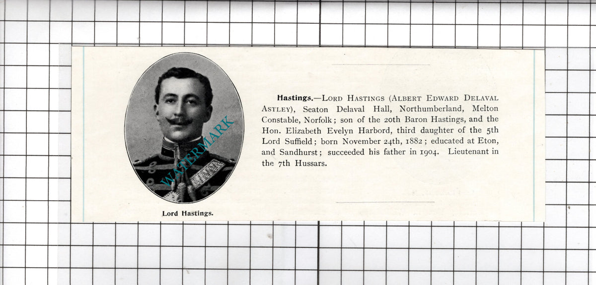 Lord Hastings Albert Edward Delaval Astley Seaton Delaval Hall  - c.1910 Cutting