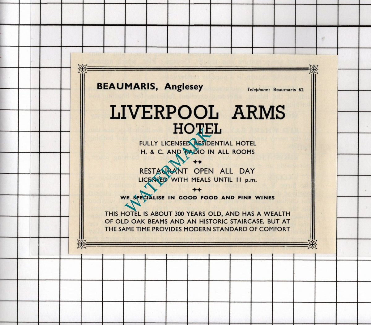 Liverpool Arms Hotel Beaumaris Anglesey Small Advert  - 1953 Clipping