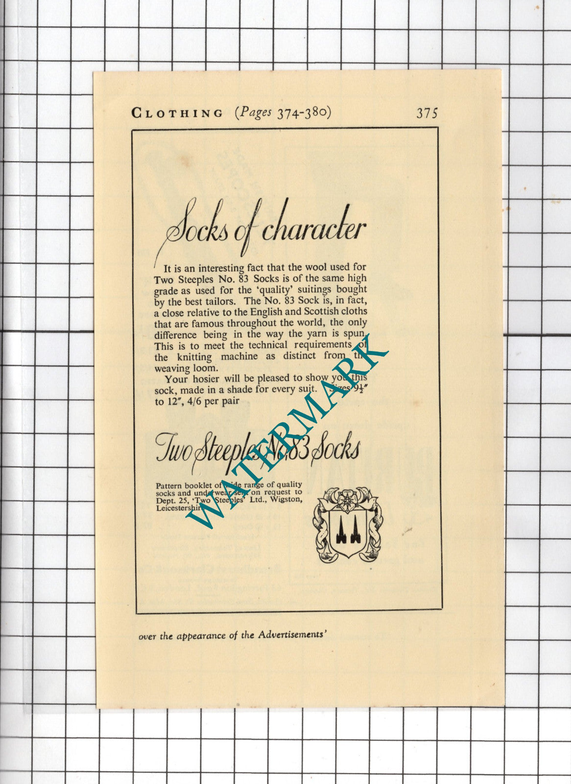Two Steeples No 83 Socks ADVERT -  1938 Small Advert