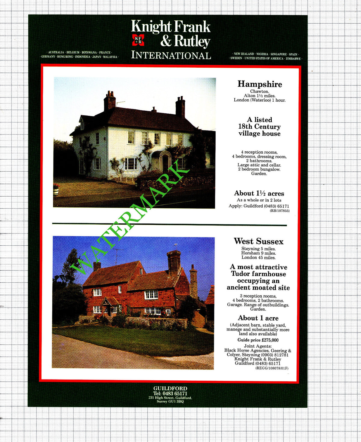 Wentworth Surrey / Chawton Hampshire House Sale Advert - 1991 Cutting