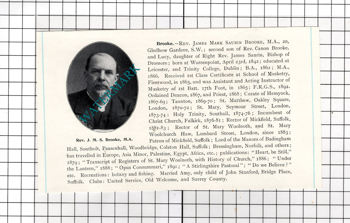 Rev James Mark Saurin Brooke  20 Gledhow Gardens London  -  c.1910 Cutting