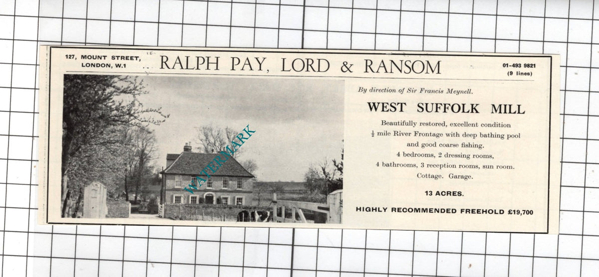 Sir Francis Meynell Suffolk  Cobbold's Mill Monks Eleigh ? Sale Advert - 1967