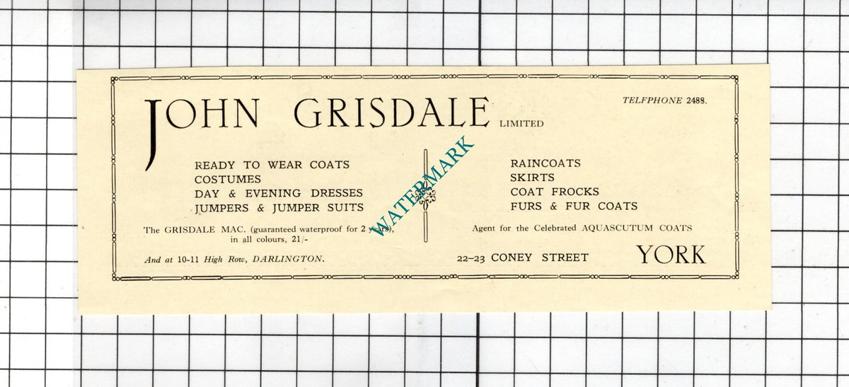 John Grisdale Ltd York Darlington - 1928 Small Advert