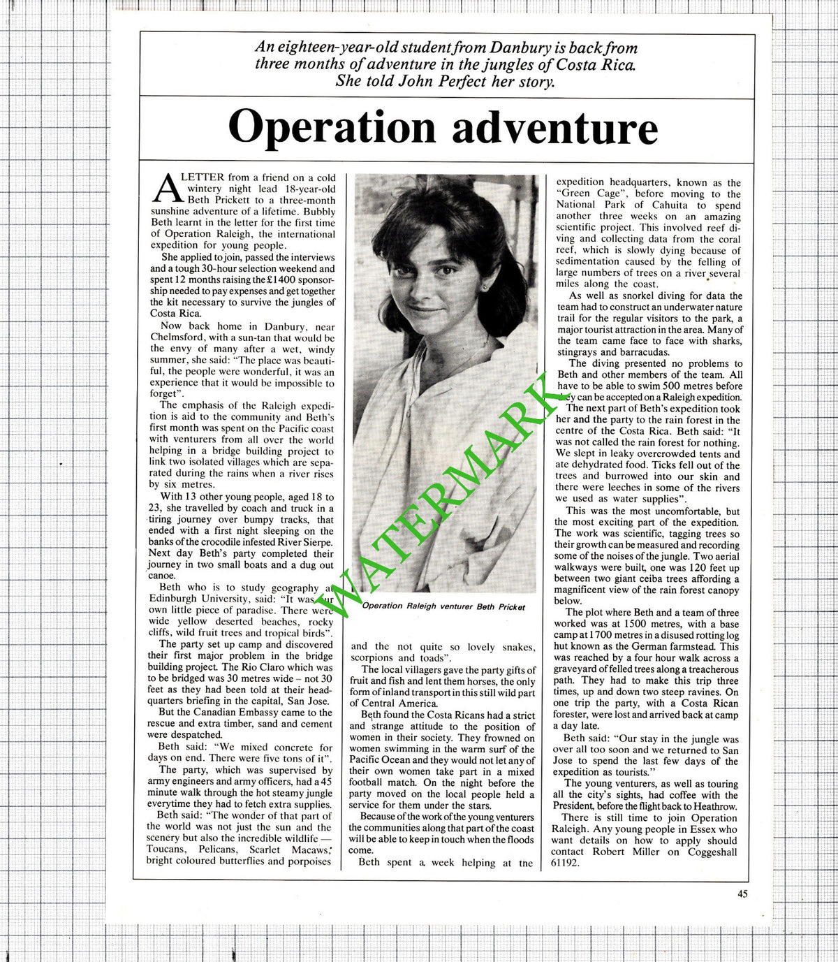 Operation Raleigh Beth Pricket Danbury Essex - 1985 Article