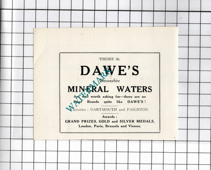 Dawe's Restaurants Dartmouth Devon / Dawe's  Mineral Waters - c.1940s SmalAdvert