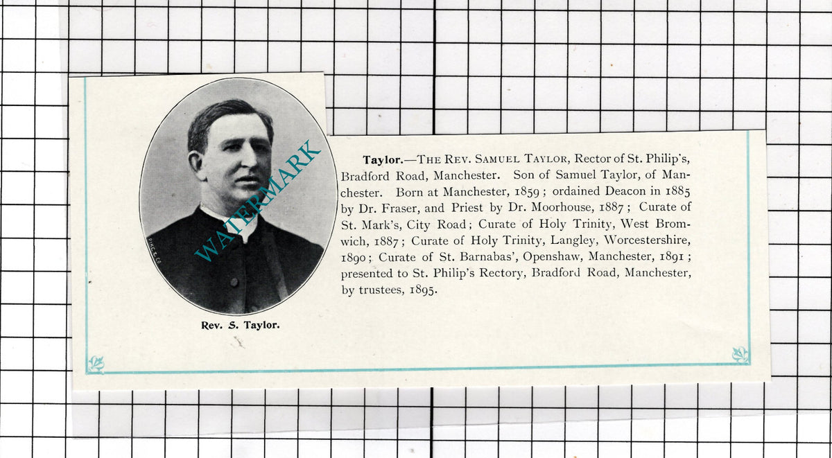 The Rev Samuel Taylor St Philip's Church Manchester - c.1900 Cutting