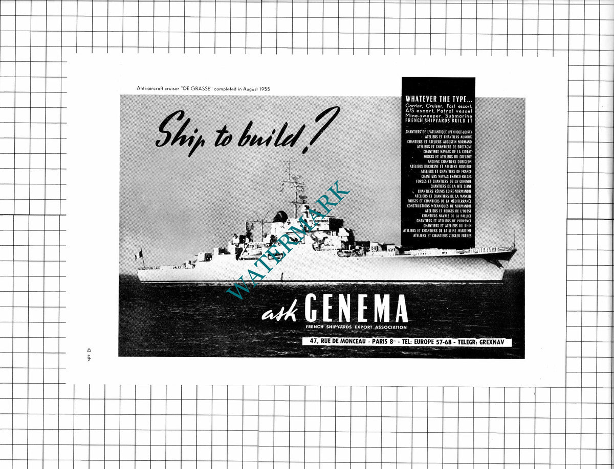 DE GRASSE Anti Aircraft Cruiser Ship  Genema Advert - 1960 Clipping / Print