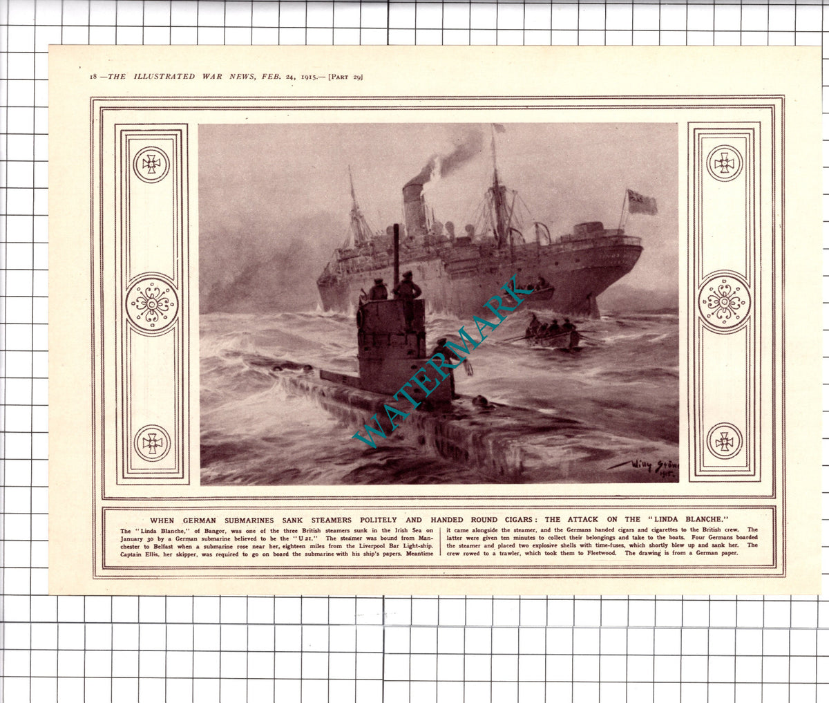 LINDA BLANCHE British Steamer Ship Bangor U21 Submarine WW1 -1915 Clipping