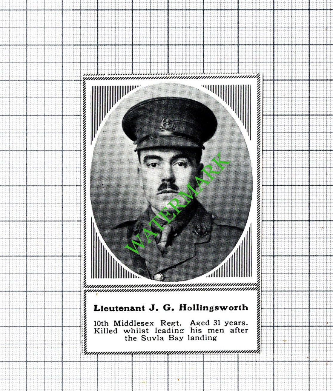 Lt J G Hollingsworth 10th Middlesex World War One WW1  - c.1918 SMALL Cutting