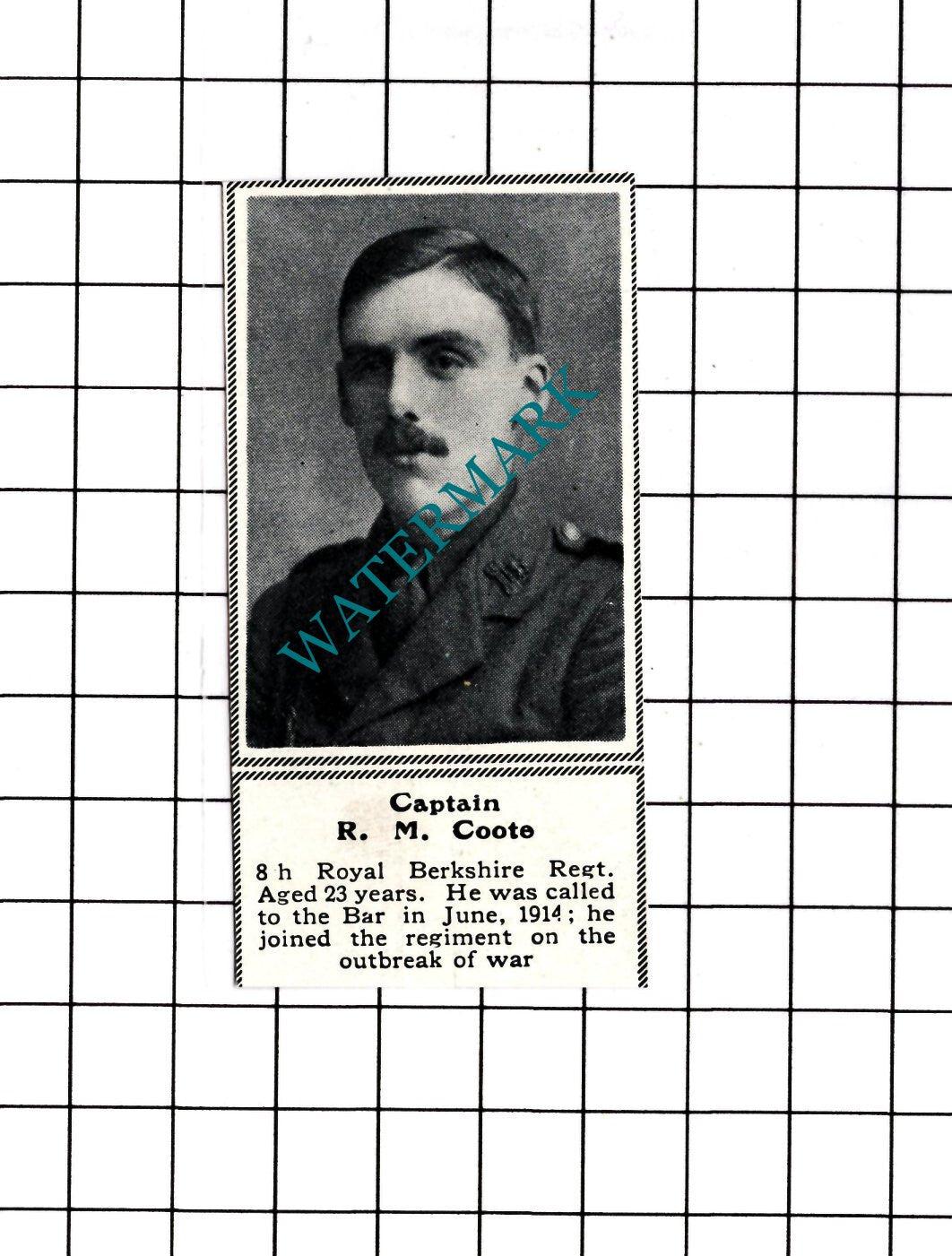 Captain R M Coote 8th Royal Berkshire Regt WW1 - c.1918 SMALL Clipping/ Print