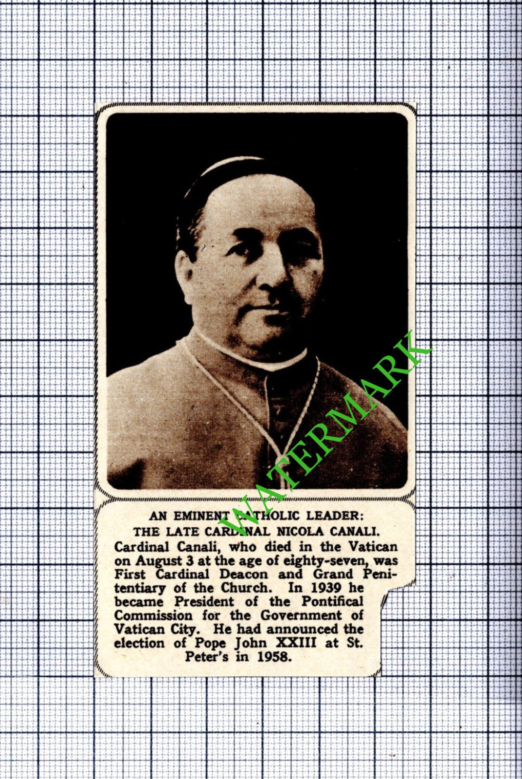 Cardinal Nicola Canali Obituary - 1961  Small Cutting
