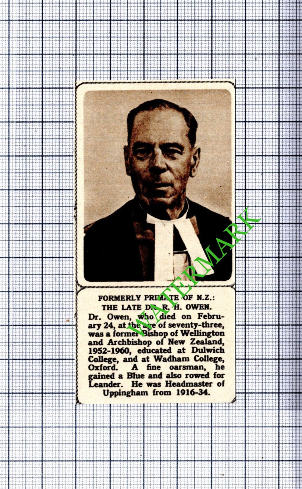 Dr R H Owen Bishop Of Wellington New Zealand Obituary - 1961  Small Cutting