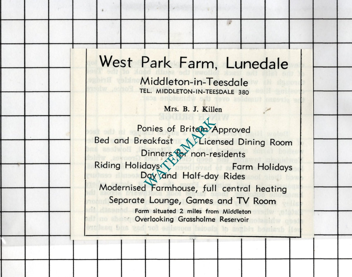 Mrs B J Killen West Park Farm Lunedale Middleton-in-Teesdale - 1977 SMALL Advert