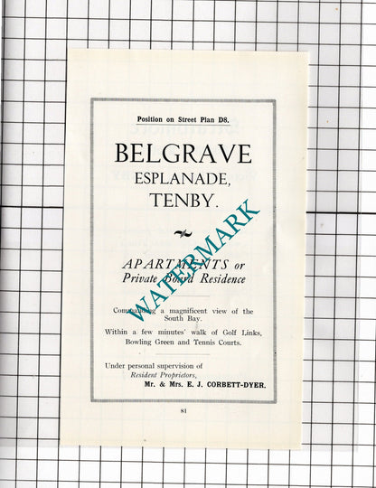 Strathmore Hotel Tenby Wales Mrs Nisbet  Belgrave Corbett-Dyer   - 1936  Advert