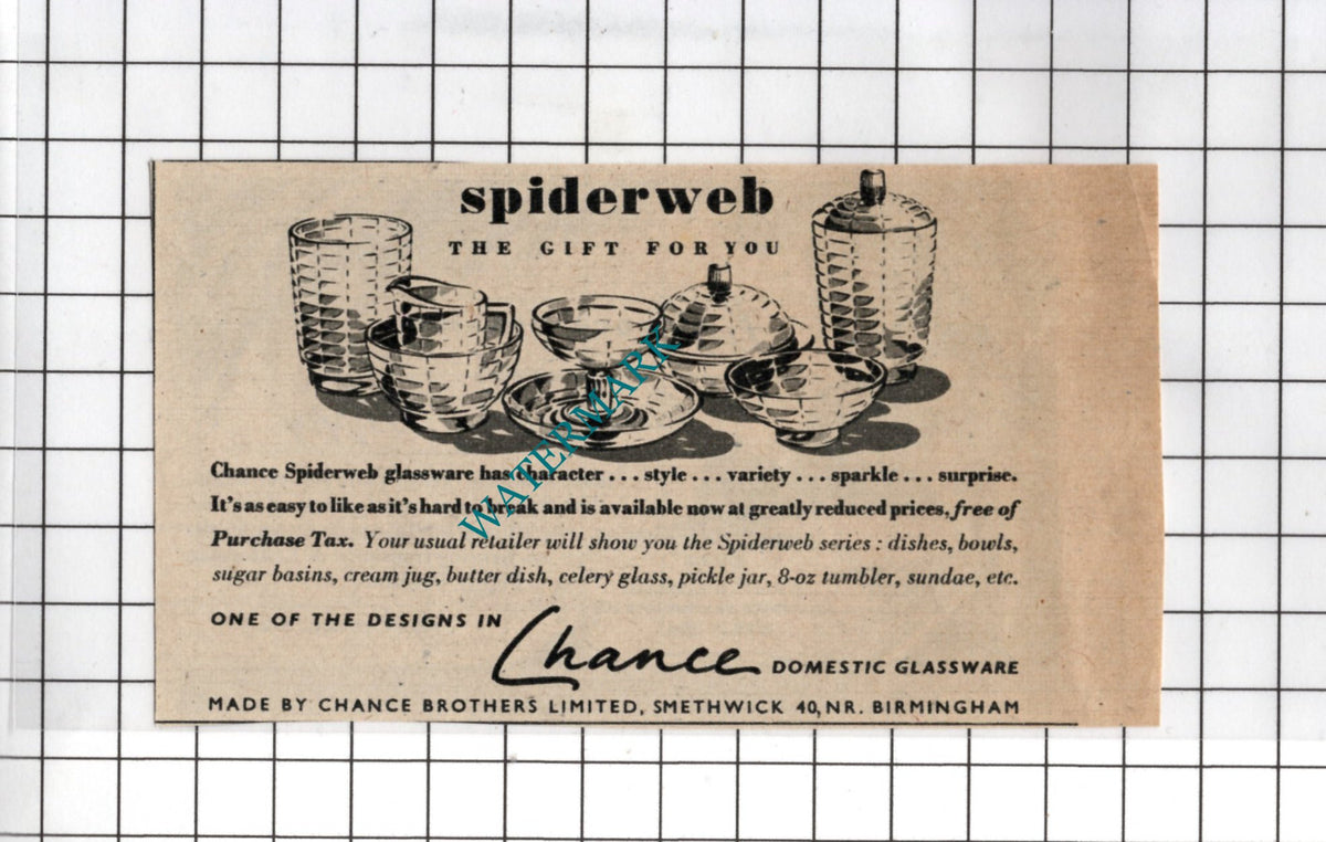 Chance Glass Spiderweb Glassware  Chance Brothers Ltd - 1948 Small ADVERT