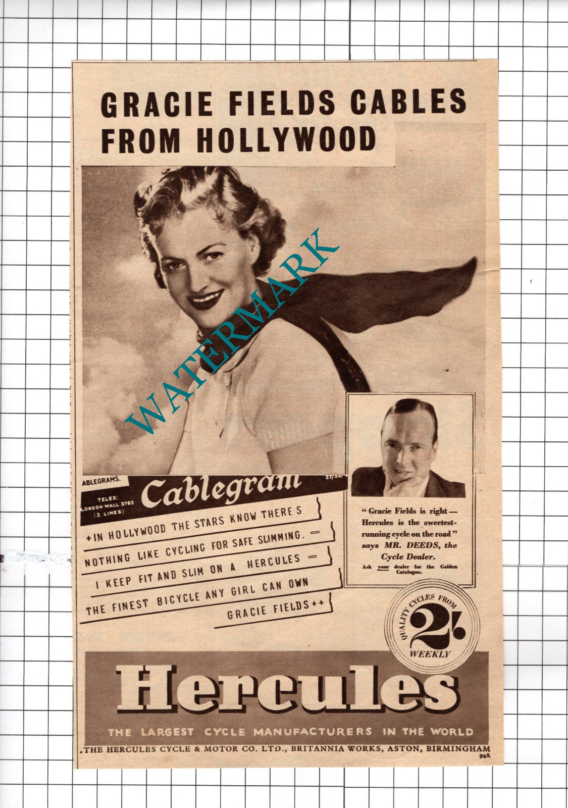 Gracie Fields Hercules Cycle & Motor Co Ltd Mr Deeds   - 1937  Advert
