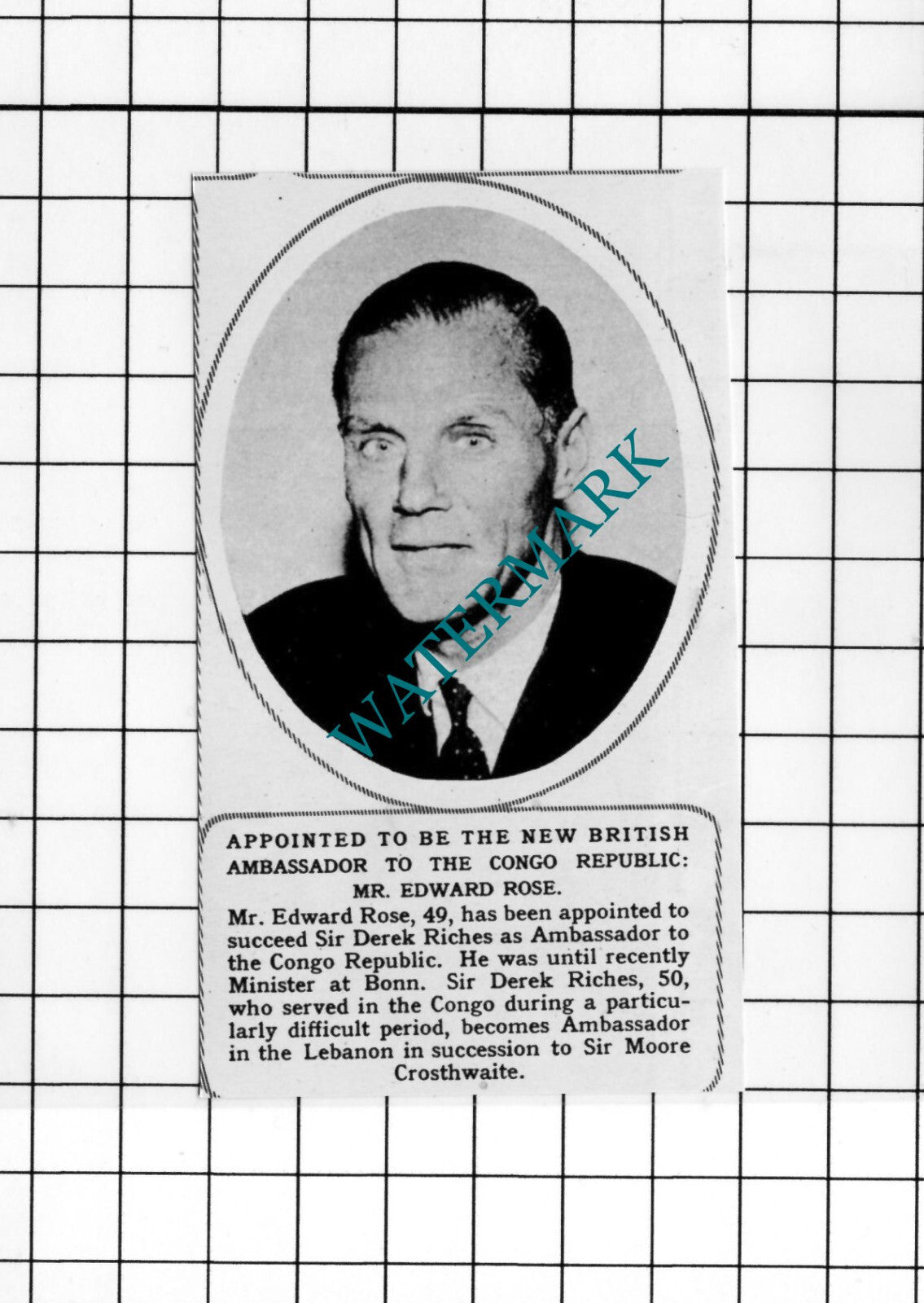 Mr Edward Rose  Congo Ambassador - 1963 Small Cutting