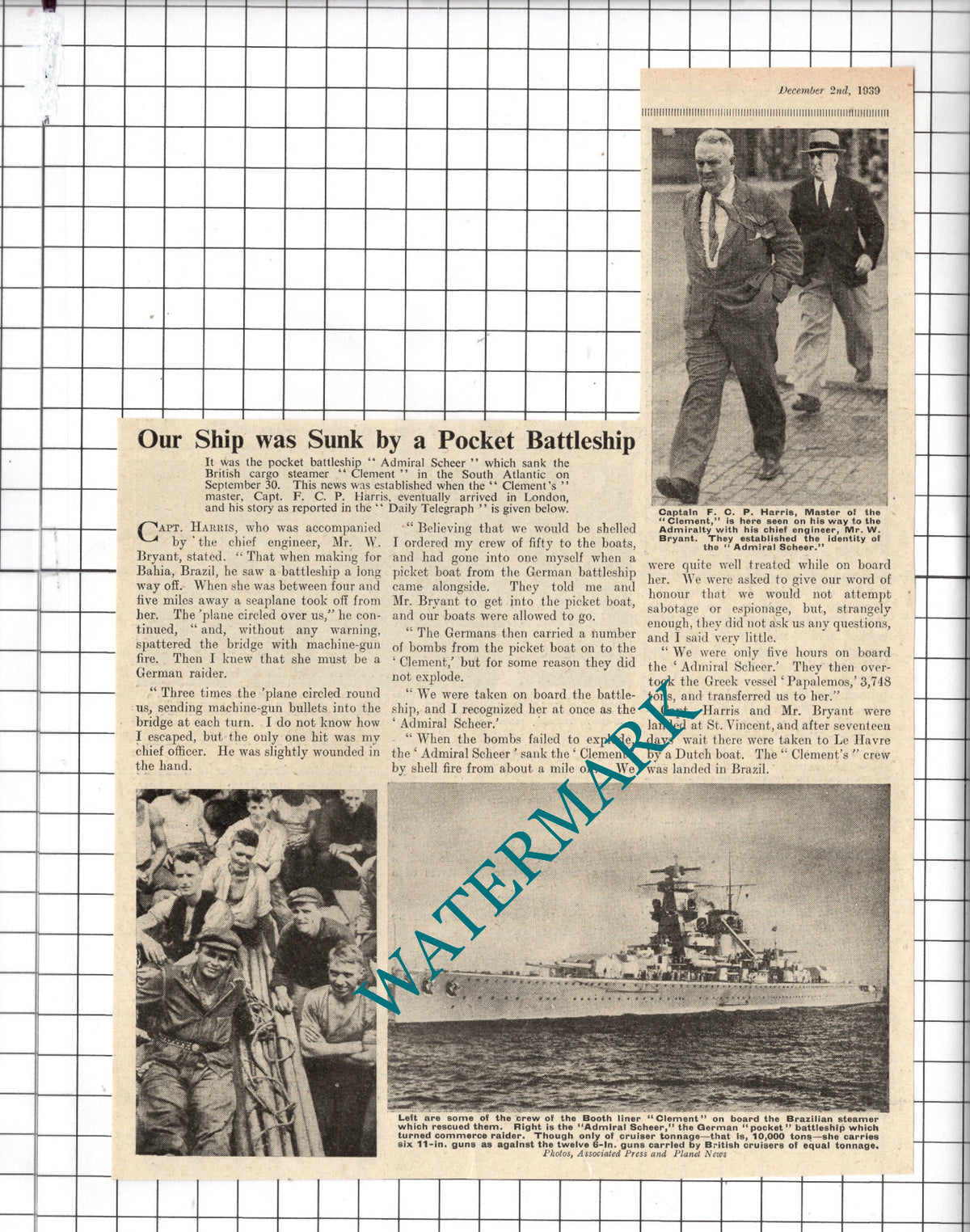 Steamer Ship Clement Captain FCP Harris Admiral Scheer WW2 - 1939 Clipping