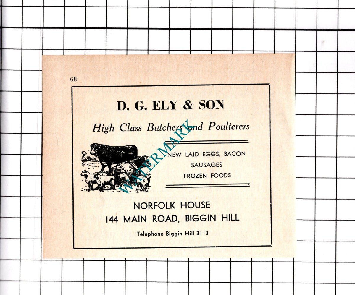 D G Ely & Son Butchers Norfolk House Biggin Hill London - 1967 Small Advert