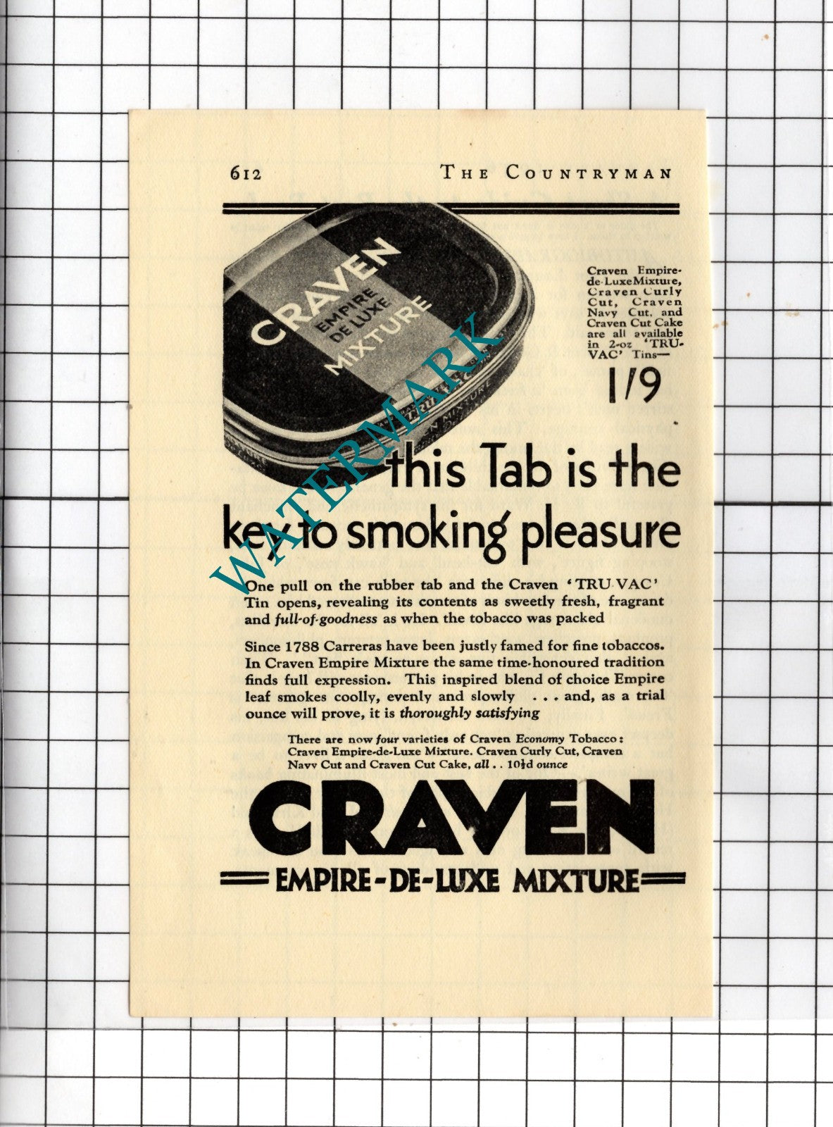 Craven Empire de Luxe Mixture Tobacco ADVERT  - 1936  Small Advert