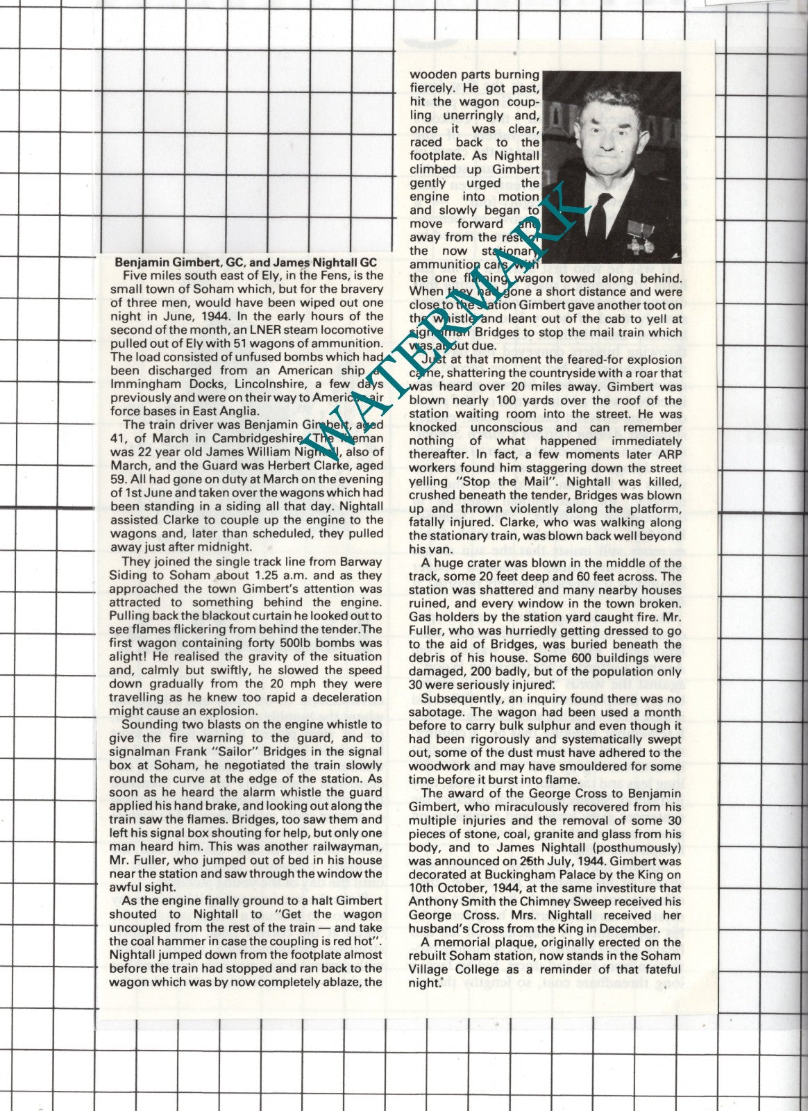 Benjamin Gimbert March Cambridgeshire James Nightall Soham WW2 - 1979 Clipping