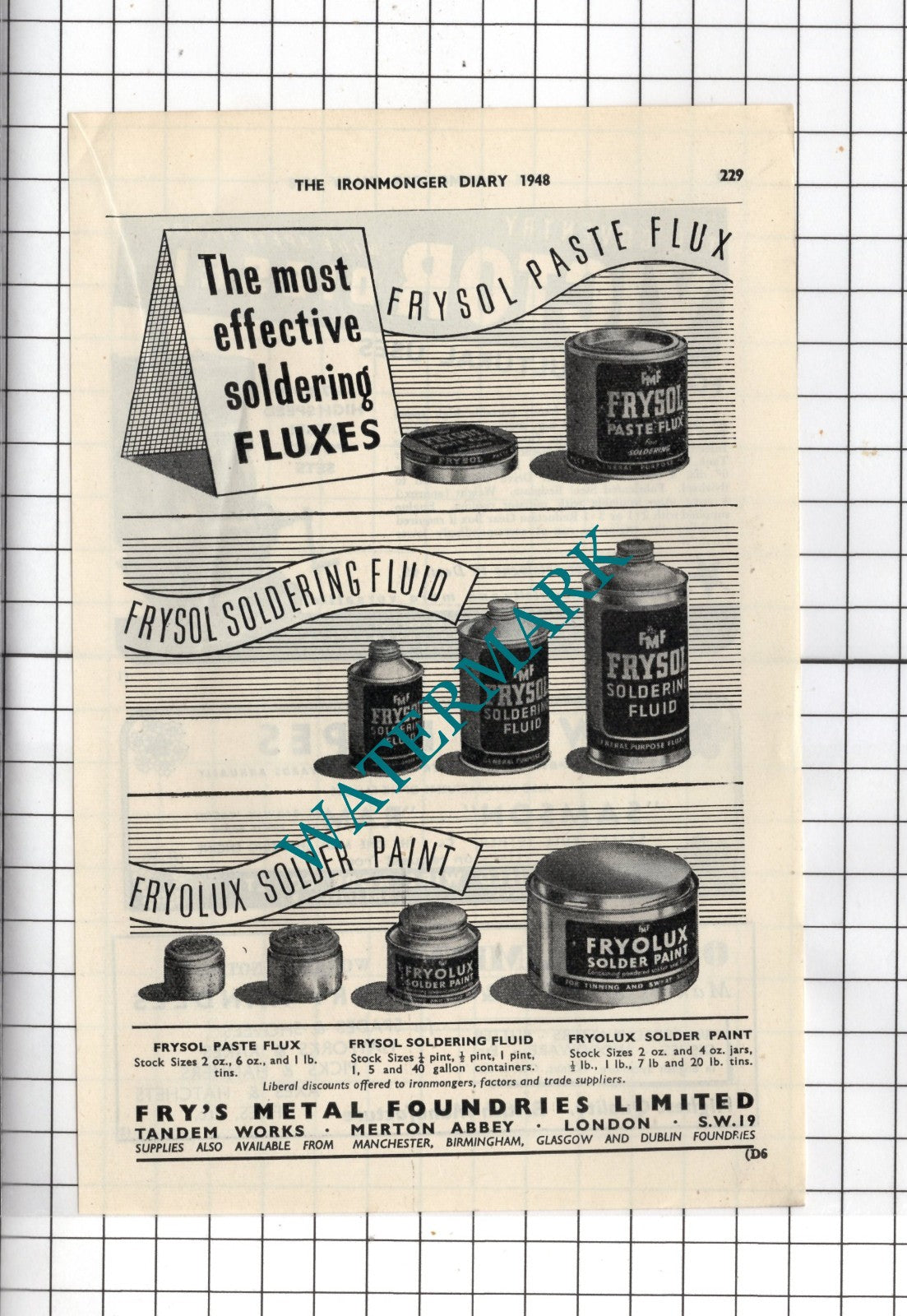 Fry's Metal Foundaries Ltd Merton Abbey London - 1948 Small Advert
