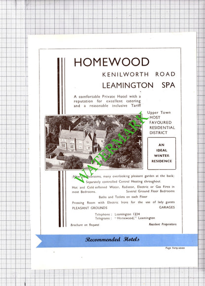 Lachine Hotel Leamington Spa  Gowans / Homewood Hotel Advert   1930s Cutting