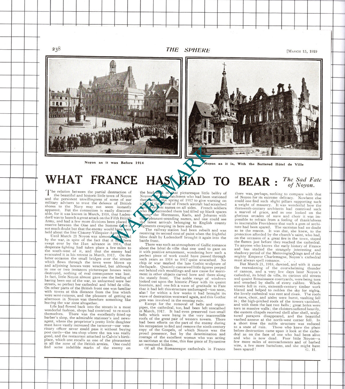 Noyon France Great War WW1 World War One   - 1919 Cutting