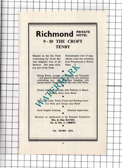 South Beach Hotel Tenby Wales Fry / Richmond Hotel Tenby Gibbon - 1962 ADVERT