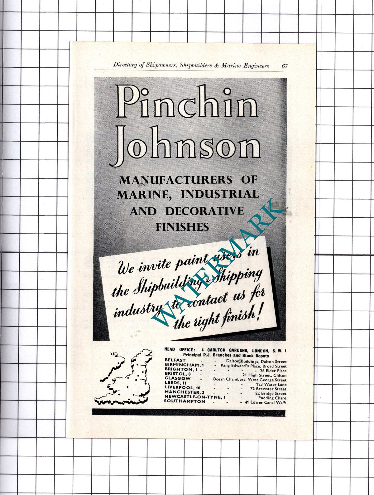 Gleniffer Engines Ltd Glasgow / Pinchin Johnson ADVERT - c.1957 Clipping / Print