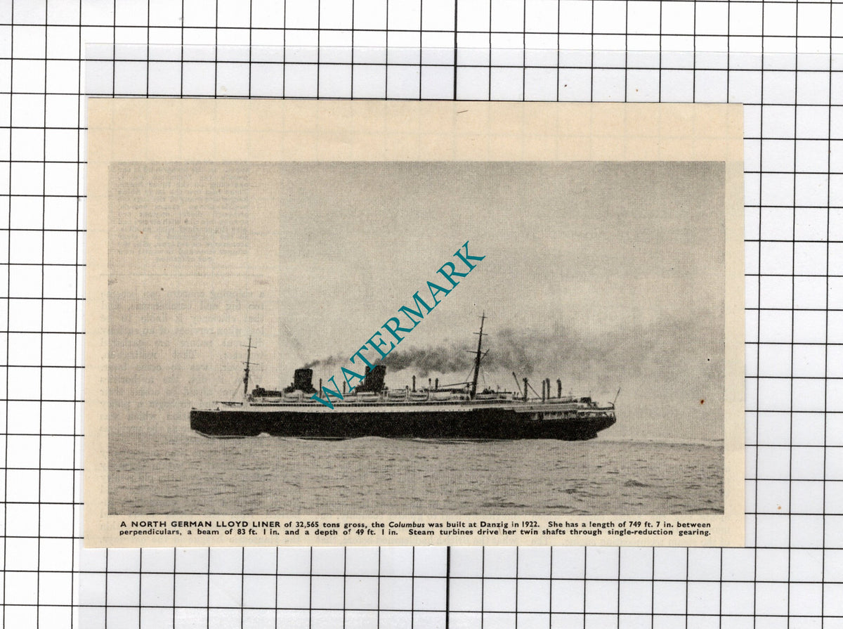 Lloyd Liner Ship COLUMBUS - c.1940's Small Clipping