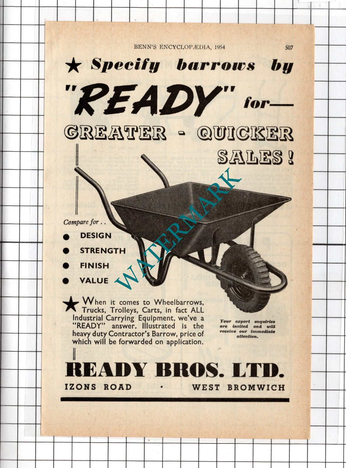 Ready Bros Ltd West Bromwich Advert - 1954