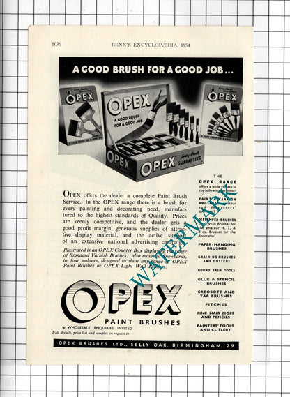 Archibald Kenrick & Sons Ltd West Bromwich / Opex Brushes Selly Oak  1954 Advert
