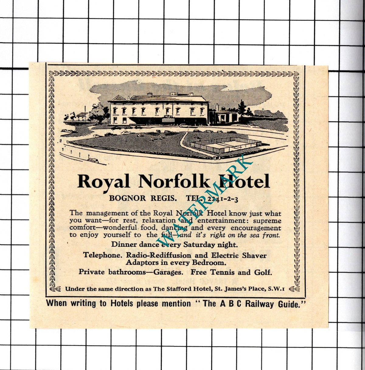 Royal Norfolk Hotel Bognor Regis / Russell Hotel Small Advert -1958 Cutting