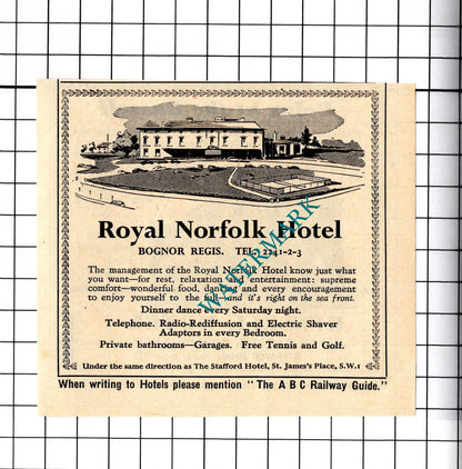 Royal Norfolk Hotel Bognor Regis / Russell Hotel Small Advert -1958 Cutting