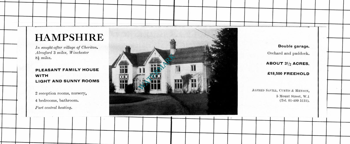 Cheriton Hampshire House Sale Advert - 1969 Clipping / Print