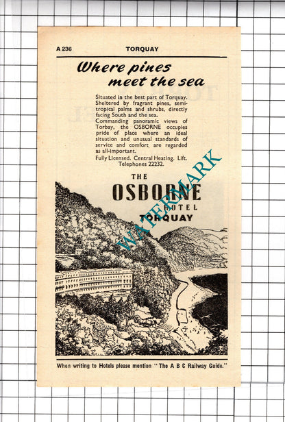 The Osborne Hotel Torquay Devon / Torbay Hotel Advert - 1958 Cutting