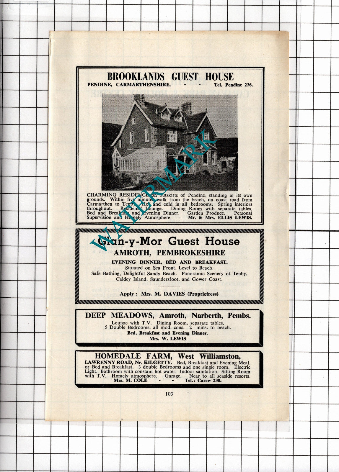 Amroth Castle Caravan Park / Brooklands Guest House Pendine Wales - 1962 ADVERT