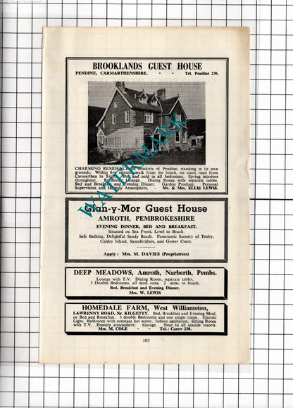 Amroth Castle Caravan Park / Brooklands Guest House Pendine Wales - 1962 ADVERT
