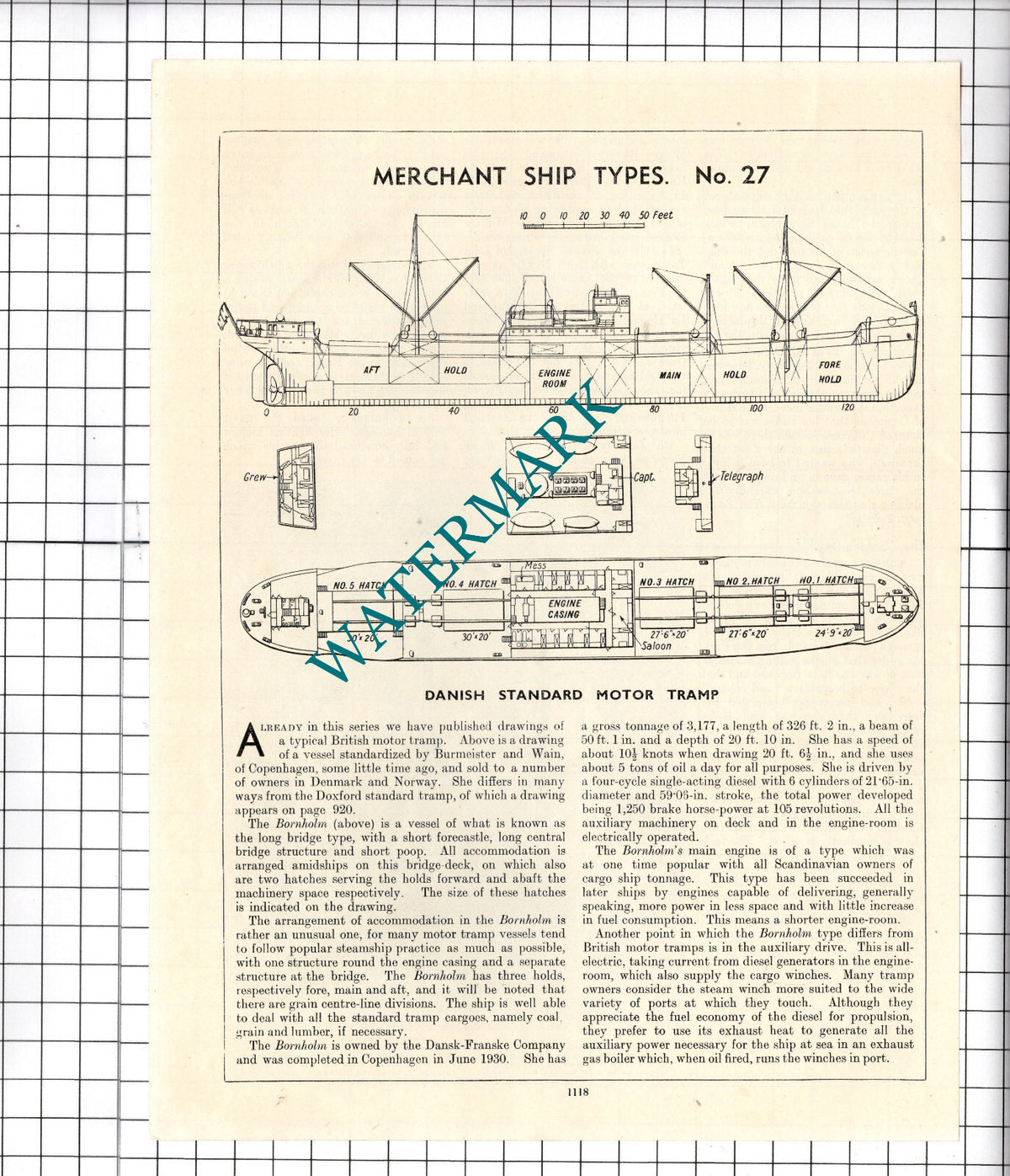 The BORNHOLM  Ship Diagram   - c.1940's Cutting / Print