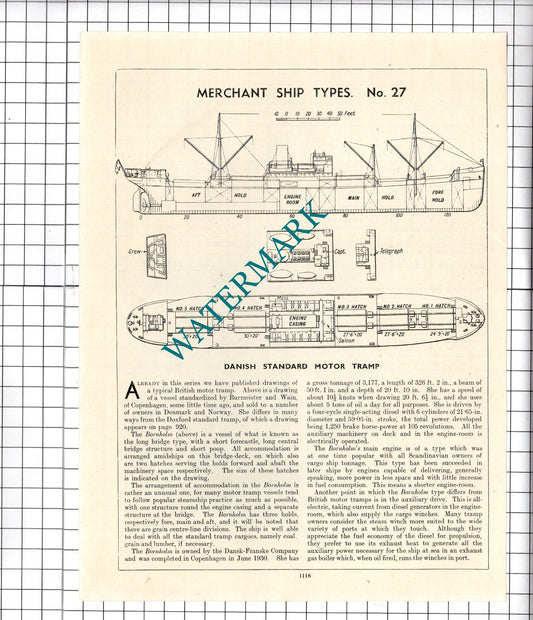 The BORNHOLM  Ship Diagram   - c.1940's Cutting / Print